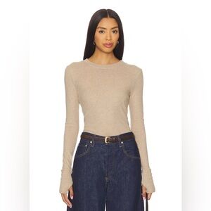 Enza Costa Khaki Cashmere Blend Cuffed Crew Top with Thumbholes Med Revolve $275